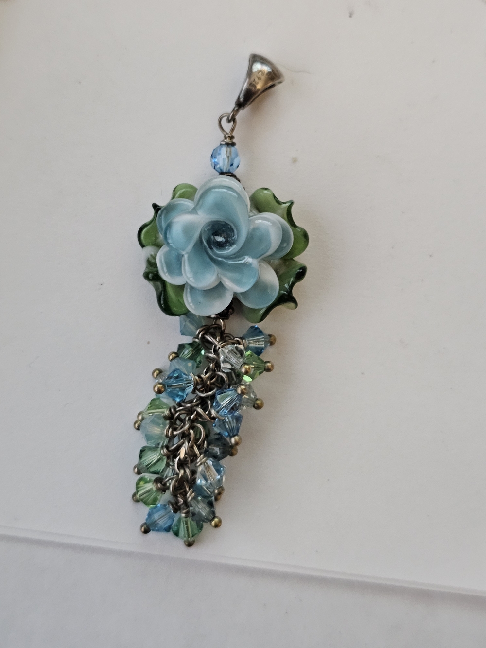 925 Sterling Silver Blue & Green Floral Glass Pendant With Crystals Vtg.